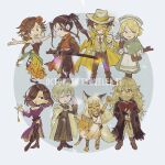  4boys 4girls 7wo5 agnea_bristarni akala_(octopath_traveler) animal_ears animal_nose arm_under_breasts arm_up beard black_bodysuit black_hair blonde_hair bodysuit book boots braid braided_ponytail breasts brown_boots brown_corset brown_eyes brown_gloves brown_hair cape castti_florenz cat_ears clenched_hand commentary corset dancer deformed dog_tail earrings facial_hair glasses gloves hat highres holding holding_book holding_locket hoop_earrings jewelry large_breasts medium_hair multiple_boys multiple_girls nurse nurse_cap ochette_(octopath_traveler) octopath_traveler octopath_traveler_ii one_eye_closed osvald_v._vanstein outstretched_arms red_tabard robe round_eyewear short_hair smile sword tabard tail teeth temenos_mistral throne_anguis thumbs_up weapon white_cape white_hat yellow_cape 
