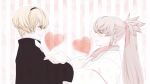  2boys absurdres alternate_costume black_hairband blonde_hair closed_mouth commentary_request fire_emblem fire_emblem_fates grey_hair hair_ribbon hairband heart high_ponytail highres leo_(fire_emblem_fates) looking_at_another male_focus multiple_boys nknaxs orange_eyes pink_background ponytail red_eyes red_ribbon ribbon simple_background smile striped_background takumi_(fire_emblem) two-tone_background upper_body vertical-striped_background white_background yaoi 