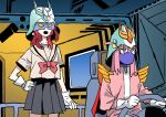  2girls black_skirt blue_eyes bocchi_the_rock! char_aznable cowboy_shot gotoh_hitori gundam helmet highres indoors kita_ikuyo kycilia_zabi long_hair long_sleeves mask mobile_suit_gundam mouth_mask multiple_girls open_mouth parody pink_hair pleated_skirt purple_mask red_hair rei_yeom skirt standing 