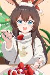  1girl :d alternate_costume amiya_(arknights) animal_ears arknights blue_eyes brown_hair cherry chinese_commentary christmas christmas_tree commentary_request food fruit fur-trimmed_headwear fur_trim hair_between_eyes hat heart highres holding holding_spoon incoming_food jewelry long_hair long_sleeves looking_at_viewer multiple_rings open_mouth plate red_hat ring ring_on_every_finger santa_hat smile solo spoon strawberry sweater teeth turtleneck turtleneck_sweater upper_body upper_teeth_only white_sweater zerosama_(sailuojiang) 