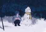  1boy black_pants blue_hair character_snowman closed_mouth coat forest full_body grey_coat grey_eyes headphones highres knees_up male_focus mochizuki_ryouji nature outdoors pants persona persona_3 scarf short_hair snow snowing snowman solo songbingchu tree yellow_scarf yuuki_makoto_(persona_3) 