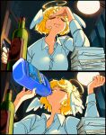  1girl angel antifreeze artist_name blonde_hair bookshelf bottle breasts closed_eyes closed_mouth collared_shirt commentary crying desk_lamp drinking english_commentary english_text gabi_(snegovski) halo_ahoge head_wings highres holding holding_pen indoors lamp large_breasts night original paper_stack partially_unbuttoned pen shirt short_hair signature snegovski teardrop white_shirt window wine_bottle wings 