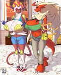  2016 anthro armpits big_breasts blaziken breasts cleavage clothed clothing duo female flashing huge_breasts infernape lionalliance navel nintendo pok&eacute;mon skimpy smile video_games 