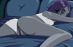  1girl anus bed blue_hair dc_comics eyes_closed forehead_jewel grey_skin on_stomach panties_aside pussy randomrandom raven_(dc) short_hair sleeping solo uncensored 