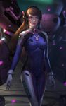  acronym alternate_eye_color animal_print bangs bodysuit boots bracer breasts brown_hair bunny_print closed_mouth cowboy_shot d.va_(overwatch) facepaint facial_mark gloves headphones highres legs_together lips lipstick long_hair long_sleeves makeup mecha medium_breasts meka_(overwatch) overwatch pauldrons pilot_suit pink_lips pink_lipstick purple_eyes ribbed_bodysuit shoulder_pads skin_tight smile solo thigh_boots thigh_strap thighhighs turtleneck weapon whisker_markings white_footwear white_gloves 