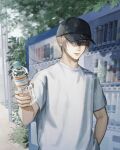  1boy 22titaniumum artist_name baseball_cap black_hat blonde_hair blue_eyes bottle commentary_request hair_between_eyes hand_in_pocket hat highres holding holding_bottle looking_at_viewer male_focus original outdoors parted_lips reaching reaching_towards_viewer shirt short_hair short_sleeves solo t-shirt tree twitter_username upper_body vending_machine watermark white_shirt 