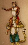  2016 anthro athletic athletic_anthro athletic_male blue_bottomwear blue_clothing blue_eyes blue_shorts bottomwear carrying_another clothed clothing dated duo front_view fur green_eyes hufnaar hufnaar_(character) male male_anthro markings navel on_shoulder orange_body orange_fur red_bottomwear red_clothing red_shorts shorts signature simple_background smile standing striped_arms striped_legs striped_markings striped_tail stripes tail tail_markings topless ulbrek white_body white_fur yellow_body yellow_fur 