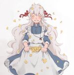  1girl absurdres apron apron_basket apron_hold blue_dress closed_eyes commentary_request dress facing_viewer feet_out_of_frame flower frilled_apron frills grin hair_ribbon highres jewelry kagerou_project key key_necklace kozakura_marry long_hair necklace open_mouth petals red_ribbon ribbon sakusakusakuran sleeves_rolled_up smile solo straight-on three-quarter_sleeves very_long_hair wavy_hair white_background white_hair yellow_flower 