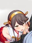  1girl aida_takanobu amagamido bangs bare_shoulders blush brown_eyes brown_hair cosplay detached_sleeves hair_ornament hairband hairclip haru_(amagamido) haruna_(kantai_collection) haruna_(kantai_collection)_(cosplay) headgear hetero highres kantai_collection long_hair nontraditional_miko open_mouth original penis penis_on_face pleated_skirt pubic_hair ribbon-trimmed_sleeves ribbon_trim skirt smile solo_focus tsurime 