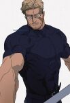  1boy alexander_anderson beard_stubble belt black_belt black_pants black_shirt blonde_hair commentary_request facial_hair glasses hellsing highres holding holding_weapon male_focus muscular muscular_male pants priest sashimi_oran scar scar_on_face shirt spiked_hair stubble twitter_username weapon white_background 