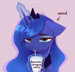  1_horn black_neckwear black_tiara blue_eyes blue_hair container crown cup digital_drawing_(artwork) digital_media_(artwork) disposable_cup drinking drinking_straw english_text equid equine eyelashes female female_feral feral friendship_is_magic hair hasbro headgear hi_res highlights_(coloring) horn levitation magic mammal monotone_background my_little_pony mythological_creature mythological_equine mythology narrowed_eyes nnalyart pink_background pink_highlights princess_luna_(mlp) purple_horn shaded simple_background solo spiral_horn text tiara tired unicorn 