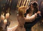  1boy 1girl arms_around_another's_waist artist_name beard black_hair blonde_hair blue_ribbon candle candlelight candlestand castlevania_(netflix) castlevania_(series) commentary danieljoyniel dracula_(castlevania) dress dress_shirt english_commentary facial_hair fingernails hair_ribbon hands_on_another's_shoulders highres hug indoors light_particles lisa_tepes long_fingernails long_hair looking_at_another mustache neckerchief pointy_ears red_eyes ribbon sharp_fingernails shirt standing vampire white_dress white_neckerchief white_shirt 