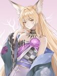  1girl absurdres animal_ears arknights bare_shoulders blonde_hair braid checkered_clothes closed_mouth commentary fingernails flower fox_ears fox_girl hand_up highres light_smile long_hair looking_at_viewer off_shoulder official_alternate_costume pink_background pink_flower purple_sash sash scar scar_on_cheek scar_on_face sewally2 solo upper_body vulpisfoglia_(arknights) vulpisfoglia_(out_of_focus)_(arknights) wide_sleeves yellow_eyes 