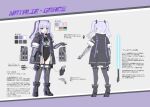  1girl absurdres black_boots black_jacket black_leotard blowing_bubble_gum blue_lightsaber boots character_name character_profile chewing_gum color_guide commentary_request energy_sword green_eyes gun hair_ornament highres jacket leotard lightsaber mechanical_arms medium_hair multiple_views open_clothes open_jacket original purple_hair same1029 sword translation_request twintails weapon 
