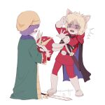  2boys aged_down animal_ears beanie blonde_hair blue_eyes boots cape cat_ears char_aznable child commentary_request deformed full_body garma_zabi gloves gundam hat helmet holding holding_unworn_helmet male_focus mobile_suit_gundam multiple_boys open_mouth purple_hair sheath short_hair simple_background slit_pupils smug sword tira_zhang unworn_headwear unworn_helmet weapon white_background 