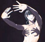  1girl armpits arms_up black_background black_hair blue_eyes breasts chainsaw_man commentary dark_background fishnamedren from_below hand_shadow_covering_breasts_(meme) hands_up looking_ahead low_twintails medium_breasts meme mitaka_asa no_nipples nude one_eye_covered open_hand outstretched_arm twintails upper_body 