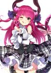  ;p asymmetrical_horns bare_shoulders blue_eyes blush detached_sleeves elizabeth_bathory_(fate) elizabeth_bathory_(fate)_(all) fate/extra fate/extra_ccc fate_(series) hair_ribbon heart heart_of_string highres horns long_hair one_eye_closed pilokey pink_hair plaid plaid_skirt pointy_ears ribbon rojiura_satsuki:_chapter_heroine_sanctuary skirt solo sparkle tail tail_ribbon tongue tongue_out twintails 