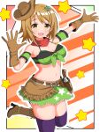  1girl armband boots breasts brown_gloves brown_hair cleavage commentary_request cosplay cowboy_hat gloves green_armband green_skirt gun hat high_heel_boots high_heels highres idolmaster idolmaster_cinderella_girls midriff mimura_kanako ootsubo_yuka open_mouth purple_thighhighs red_scales revolver short_hair skirt smile solo strapless swallow_leftyp taiki_shuttle_(umamusume) taiki_shuttle_(umamusume)_(cosplay) taiki_shuttle_(wild_frontier)_(umamusume) thighhighs thighhighs_under_boots umamusume voice_actor_connection weapon 