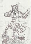  2017 absurd_res anthro athletic athletic_anthro athletic_male canid canine city_destruction claws dated destruction duo extreme_size_difference facial_markings felid finger_claws fingerpads fur head_markings hi_res hufnaar hufnaar_(character) macro male male_anthro mammal markings navel nude pantherine partially_colored pawpads size_difference standing striped_arms striped_body striped_face striped_fur striped_legs striped_markings striped_tail stripes tail tail_markings tiger toe_claws 