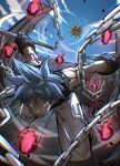  1boy absurdres black_star blue_hair chromatic_aberration fergoart fingerless_gloves gloves highres hitodama holding holding_scythe kusarigama male_focus muscular muscular_male pants reverse_grip scythe shoulder_tattoo sickle solo soul_eater soul_eater_moon spiked_hair star_(symbol) star_tattoo striped_hair tattoo weapon white_pants 