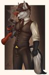  5_fingers anthro black_hair black_nose blue_eyes canine cigar clothed clothing eyebrows fur grey_fur gun hair hat holding_object holding_weapon inner_ear_fluff kitty_silence male mammal ranged_weapon smile solo standing teeth weapon wolf 