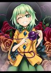  ;) black_hat commentary_request cowboy_shot eyeball flower frilled_shirt_collar frilled_sleeves frills green_eyes green_hair green_skirt grin hat heart heart_of_string highres komeiji_koishi letterboxed looking_at_viewer nobori_ranzu one_eye_closed red_flower red_rose rose shirt skirt smile solo third_eye thorns touhou wide_sleeves yellow_flower yellow_rose yellow_shirt 