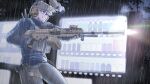  1girl blue_jacket chest_rig earmuffs firing goggles grey_pants grin gun handgun helmet highres holding holding_weapon holster jacket lauging_man_(shun_a_t_i_o) looking_to_the_side machine_gun night night_vision_device original pants radio_antenna rain smile solo tactical_gloves thigh_holster vending_machine weapon white_hair 