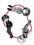  3boys amuro_ray bellhop666 char_aznable closed_eyes floating greyscale gundam highres kamille_bidan monochrome multiple_boys quattro_bajeena string string_of_fate sunglasses white_background zeta_gundam 