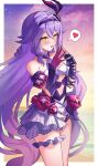  1girl absurdres bare_shoulders bra breasts chinese_commentary commentary_request dress frilled_thigh_strap gloves hairband heart henjiwumei highres honkai_(series) honkai_impact_3rd long_hair looking_at_viewer magical_girl purple_dress purple_gloves purple_hair purple_hairband purple_sky sirin sirin_(miracle_magical_girl) sky small_breasts solo spoken_heart symbol-shaped_pupils thigh_strap thighs underwear very_long_hair white_bra x-shaped_pupils yellow_eyes 