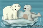  arctic bear cute duo fur grey_fur ice lars looking_at_viewer male mammal marine onzeno pinniped polar_bear robby seal smile the_little_polar_bear water whiskers white_fur 