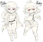  2girls antenna_hair boots breasts character_name coat commentary english_commentary flask flufflia_(inarou_(rakugakiproject)) glasses greyscale holding holding_flask inarou_(rakugakiproject) kuku_(inarou_(rakugakiproject)) large_breasts monochrome multiple_girls original pear-shaped_figure pointy_ears ponytail purple_eyes red_eyes ribbed_socks round-bottom_flask round_eyewear short_hair short_shorts shorts shortstack socks spot_color suspenders wide_hips 