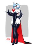  1girl absurdres bare_shoulders black_dress bob_cut breasts colored_skin crown dress elbow_gloves english_commentary gardevoir gloves green_hair hair_over_one_eye hand_on_own_hip highres large_breasts mega_gardevoir mega_pokemon pelvic_curtain pokemon shu-stella signature simple_background solo standing strapless strapless_dress thighhighs thighs two-tone_dress white_skin 