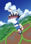  1girl absurdres arrow_print back_bow black_hair blue_bow blue_bowtie blue_sash blush bow bowtie brown_sandals cloud commentary_request day dress floating gasubanana hand_on_own_hip highres kijin_seija mountain multicolored_hair open_mouth partial_commentary red_eyes rice_paddy sandals sash short_hair short_sleeves small_horns solo touhou white_dress 