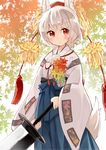 animal_ears autumn_leaves blue_hakama blurry blush closed_mouth comic depth_of_field eyebrows eyebrows_visible_through_hair hakama hat holding holding_sword holding_weapon inubashiri_momiji japa japanese_clothes kimono leaf leaf_background long_sleeves long_sword looking_at_viewer maple_leaf pom_pom_(clothes) red_eyes red_hat red_ribbon ribbon serious short_hair silver_hair solo standing sword tail tassel tokin_hat touhou unsheathed weapon wide_sleeves wolf_ears wolf_tail 