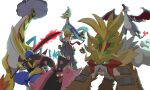  1boy alternate_color aqua_eyes bandaged_arm bandages blonde_hair bodysuit charizard claws closed_mouth colored_sclera commentary_request commission cresselia dragon dragon_wings falinks fangs fire flame-tipped_tail flying gouging_fire grey_bodysuit headband highres holding holding_poke_ball holding_sword holding_weapon kingambit long_sleeves malryu mega_charizard_y mega_pokemon open_mouth original pink_eyes poke_ball poke_ball_(basic) pokemon pokemon_(creature) raging_bolt red_eyes red_headband shiny_pokemon short_hair smile spikes sword tail tongue toxapex weapon wings yellow_sclera 