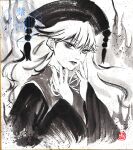  1girl absurdres commentary dalachi_(headdress) dress english_commentary highres junko_(touhou) long_hair long_sleeves looking_at_viewer neck_ribbon ribbon shikishi solo tabard touhou traditional_media twitter_username upper_body watermark watermark_grid wide_sleeves yuzuha_(yuzutime) 