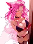  1girl absurdres animal_ears bare_shoulders black_bra black_choker black_thighhighs blush bra breasts choker closed_mouth colored_extremities commentary emirisu english_commentary heart-shaped_lock highres indie_virtual_youtuber long_hair mole mole_on_breast pink_eyes pink_hair shy_shae solo thighhighs underwear virtual_youtuber white_background 
