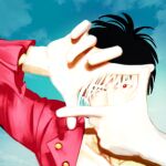  1boy black_hair blue_sky commentary gear_fifth ggrrvv28 highres long_sleeves monkey_d._luffy one_eye_closed one_piece red_eyes red_shirt shirt short_hair sky white_hair 