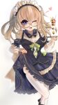  1girl 9-nine- :d ;d bare_shoulders black_dress blue_eyes bow bowtie breasts brown_hair clothes_lift commentary_request detached_collar detached_sleeves dress dress_bow dress_lift floating_hair food foot_out_of_frame frilled_dress frilled_sleeves frills glasses green_bow grey_bow grey_bowtie hand_up heart highres holding holding_tray kujou_miyako large_breasts lifting_own_clothes long_hair long_sleeves looking_at_viewer maid maid_headdress medium_dress nine_ball_maid_uniform official_alternate_costume official_alternate_hairstyle one_eye_closed open_mouth parfait red-framed_eyewear sidelocks simple_background skindentation sleeveless sleeveless_dress smile solo standing takedan thighhighs thighs tray twintails upskirt white_background white_thighhighs 