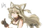  animal_ears artist_name bare_shoulders breasts brown_hair character_name cleavage fox_ears gloves goggles green_eyes highres large_breasts lily_the_mechanic long_hair lost_pause original pout rakki solo 