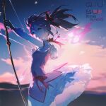  1girl artist_name blue_sky bow bow_(weapon) breasts closed_mouth cloud cloudy_sky commentary dress english_commentary gloves hair_between_eyes hair_bow highres holding holding_bow_(weapon) holding_weapon kaname_madoka kaname_madoka_(magical_girl) long_hair mahou_shoujo_madoka_magica mahou_shoujo_madoka_magica_(anime) outdoors pink_bow pink_dress pink_eyes pink_hair pink_ribbon pink_sky pink_wings qiususu ribbon short_sleeves skirt sky solo twintails weapon white_gloves white_skirt wings 