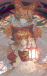  2girls absurdres apron behind_another bow brooch brown_hair butterfly_brooch chromatic_aberration clenched_hand dress elise_liedl evil_grin evil_smile eye_in_bowtie floating_clothes floating_hair frilled_apron frilled_dress frills grin hair_between_eyes hair_bow hand_up highres jewelry lantern little_goody_two_shoes long_hair multiple_girls parted_lips possessed puffy_short_sleeves puffy_sleeves raised_inner_eyebrows red_bow red_dress short_sleeves smile waist_apron walpurga_(little_goody_two_shoes) white_apron yellow_eyes yukorisart 