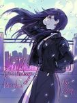  1girl 9612gi arm_up black_choker black_dress black_jacket choker commentary dated dress earrings english_commentary english_text fire from_side glasses hair_ornament hand_in_pocket happy_birthday highres jacket jewelry long_hair looking_ahead pink_fire purple_hair red_eyes rooftop shizuhara_hiruko side_slit smile solo the_hundred_line_-last_defense_academy- wind 