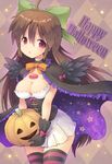  ahoge alternate_costume black_gloves bow breasts brown_hair cape cleavage commentary_request corset gloves hair_bow halloween happy_halloween holding kurogarasu large_breasts long_hair looking_at_viewer pumpkin red_eyes reiuji_utsuho solo striped striped_legwear touhou 