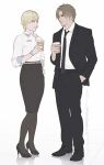  1boy 1girl beard_stubble blonde_hair brown_hair coffee_mug cup curtained_hair disposable_coffee_cup disposable_cup dress facial_hair formal_clothes leon_s._kennedy mug resident_evil resident_evil_requiem sardine_(kjr0313) sherry_birkin stubble suit 