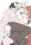  1boy 1girl anal animal_ears arknights arknights:_endfield arms_around_another's_waist ass bare_shoulders bird_ears bird_girl black_gloves black_pantyhose blue_eyes blush breasts censored commentary daram_(shappydude) dress gloves hetero highres hug hug_from_behind jacket jacket_partially_removed large_breasts long_hair lying mosaic_censoring multicolored_gloves nude on_side one_breast_out open_clothes open_jacket pantyhose penis perlica_(arknights) pussy sex sex_from_behind testicles torn_clothes torn_pantyhose two-tone_gloves white_dress yellow_gloves 