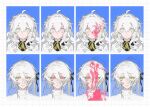  1boy 1girl ahoge bandage_on_cheek bandaid bandaid_on_face black_ribbon black_shirt blood blood_on_face blood_splatter buttons cardigan charlotte_wiltshire collared_shirt commentary hair_between_eyes hair_ribbon hello_charlotte highres light_smile long_hair looking_to_the_side medium_hair messy_hair multiple_views neck_ribbon no_pupils ribbon schwarzald shirt side_ponytail sidelocks sweatdrop vincent_wordsworth white_background white_cardigan white_eyes white_hair white_shirt yellow_eyes yellow_ribbon 