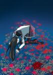  1girl absurdres akemi_homura akemi_homura_(magical_girl) argyle_clothes argyle_pantyhose bent_over black_boots black_hair black_pantyhose blue_background boots capelet collared_capelet dress flower frilled_skirt frills gradient_background high_heel_boots high_heels highres kneeling long_hair long_sleeves mahou_shoujo_madoka_magica pantyhose pleated_skirt purple_capelet purple_skirt red_flower skirt solo spider_lily too_many_flowers white_dress yamai_(fjeopswvjrrpwmf) 