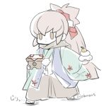  1boy blue_kimono box commentary_request fire_emblem fire_emblem_fates fire_emblem_heroes food full_body grey_hair grey_scarf hair_ribbon high_ponytail holding holding_box japanese_clothes kimono long_hair male_focus mochi nknaxs official_alternate_costume orange_eyes ponytail red_ribbon ribbon scarf simple_background solo takumi_(fire_emblem) takumi_(prince_of_soup)_(fire_emblem) white_background 