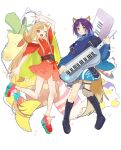  2girls ahoge animal_ear_fluff animal_ear_headphones animal_ears arm_up black_boots blonde_hair blue_hoodie boots cat_ear_headphones cat_ears cho_kaguya-hime! commentary crescent crescent_hair_ornament fake_animal_ears forehead_jewel fox_ears full_body green_eyes hair_ornament headphones highres holding holding_instrument hood hoodie instrument japanese_clothes kaguya_(cho_kaguya-hime!) keyboard_(instrument) keytar kimono knee_boots long_hair looking_at_viewer lop_rabbit_ears multiple_girls one_eye_closed open_mouth pink_shoes purple_hair rabbit_ears red_kimono sakayori_iroha shoes short_hair smile standing stuffed_animal stuffed_penguin stuffed_toy teddy_bear untranslatable_commentary urtk07 v white_background 